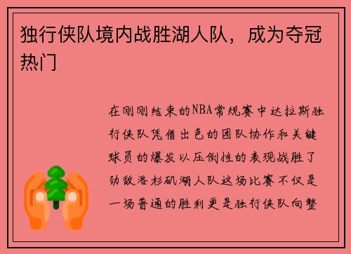 独行侠队境内战胜湖人队，成为夺冠热门